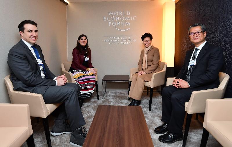 The Chief Executive, Mrs Carrie Lam, attended the World Economic Forum Annual Meeting in Davos, Switzerland today (January 22, Davos time). Photo shows Mrs Lam (second right) meeting with the President of the New York Stock Exchange, Ms Stacey Cunningham (second left). The Financial Secretary, Mr Paul Chan (first right), also attended.