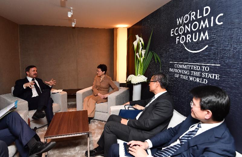 The Chief Executive, Mrs Carrie Lam, attended the World Economic Forum Annual Meeting in Davos, Switzerland yesterday (January 22, Davos time). Photo shows Mrs Lam (second left) meeting with the Prime Minister of Luxembourg, Mr Xavier Bettel (first left). The Financial Secretary, Mr Paul Chan (second right), and the Secretary for Commerce and Economic Development, Mr Edward Yau (first right), also attended.