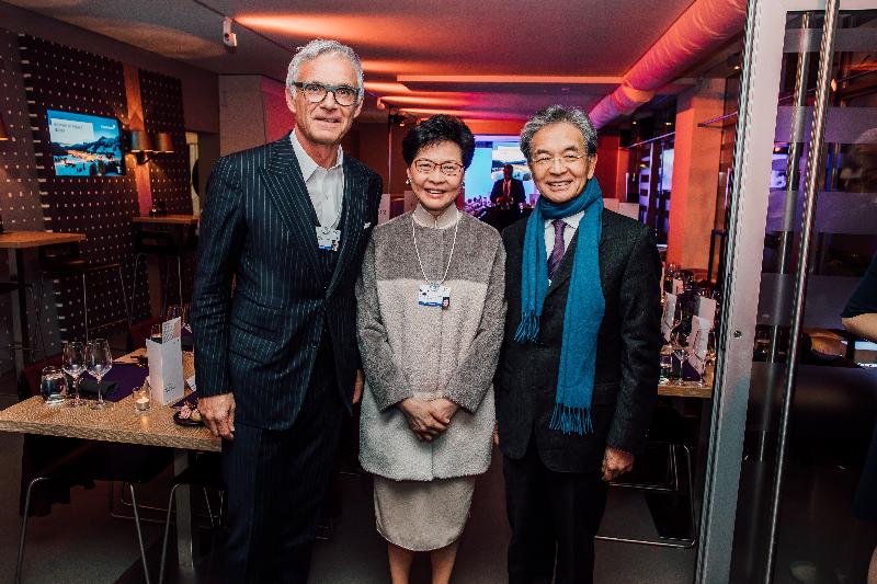 The Chief Executive, Mrs Carrie Lam, attended the World Economic Forum Annual Meeting in Davos, Switzerland yesterday (January 22, Davos time). Mrs Lam (centre) was invited to Credit Suisse Group reception and learned from the Chairman of the Group, Mr Urs Rohner (left), Credit Suisse's latest development in Hong Kong. The Chairman of the Airport Authority Hong Kong, Mr Jack So (right), also present.