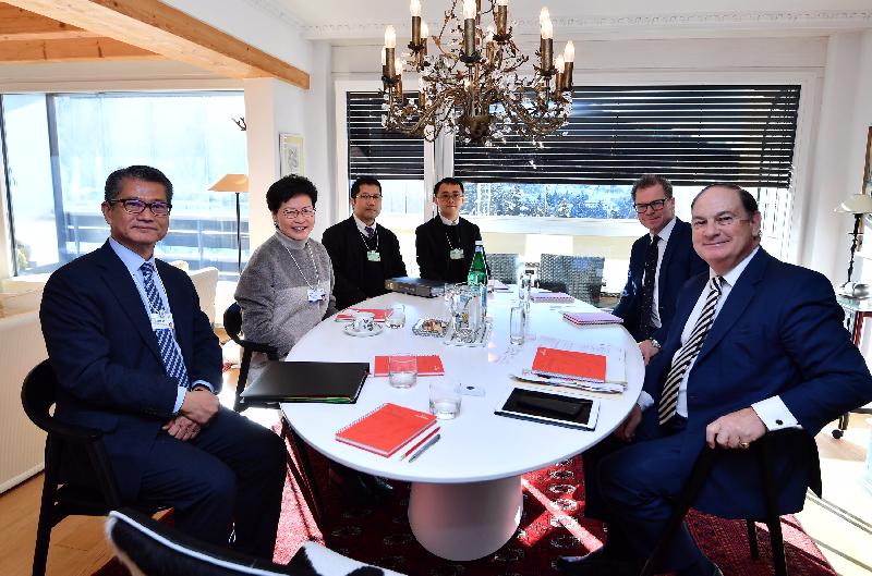 The Chief Executive, Mrs Carrie Lam, continued attending the World Economic Forum Annual Meeting in Davos, Switzerland today (January 23, Davos time). Photo shows Mrs Lam (second left) meeting with the Chairman of Prudential, Mr Paul Manduca (first right). The Financial Secretary, Mr Paul Chan (first left) also attended.