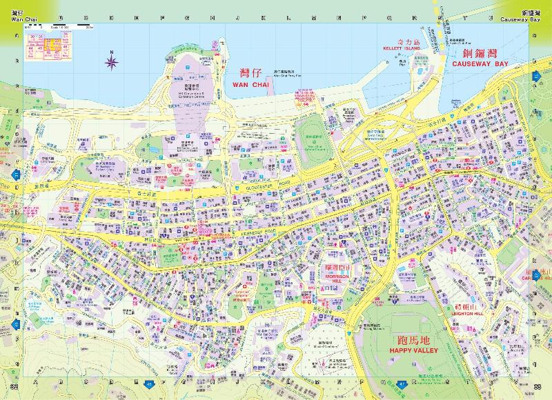 二○一九年版《香港街》載有詳盡的香港地圖。圖示灣仔及銅鑼灣的地理資訊。