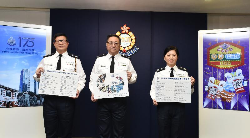 The Commissioner of Police, Mr Lo Wai-chung reviewed the law and order situation of Hong Kong in 2018 at a press conference today (January 29). Also attending the press conference were the Deputy Commissioner of Police (Management), Ms Chiu Wai-yin (right); and the Deputy Commissioner of Police (Operations), Mr Tang Ping-keung (left). 