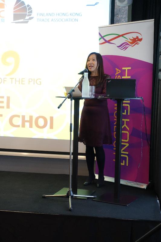 The Hong Kong Economic and Trade Office, London (London ETO) held a luncheon celebrating the Chinese New year in Helsinki, Finland on January 23 (Helsinki time). Photo shows the Director-General of the London ETO, Ms Priscilla To, speaking at the luncheon to mark start of the Year of the Pig.