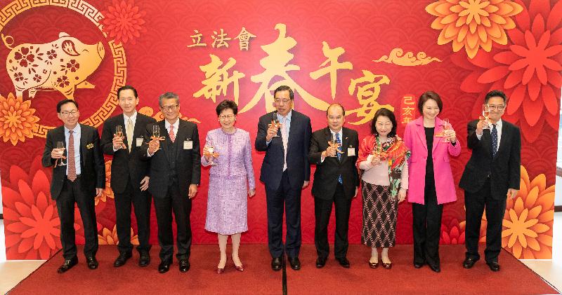 The President of the Legislative Council (LegCo), Mr Andrew Leung, along with guests, proposes a toast at the LegCo spring luncheon today (February 18). Photo shows (from left) the Chairman of the LegCo Finance Committee, Mr Chan Kin-por; the Convenor of the Non-official Members of the Executive Council, Mr Bernard Chan; the Financial Secretary, Mr Paul Chan; the Chief Executive, Mrs Carrie Lam; Mr Leung; the Chief Secretary for Administration, Mr Matthew Cheung Kin-chung; the Secretary for Justice, Ms Teresa Cheng, SC; the Chairman of the LegCo House Committee, Ms Starry Lee; and the Secretary General of the LegCo Secretariat, Mr Kenneth Chen.