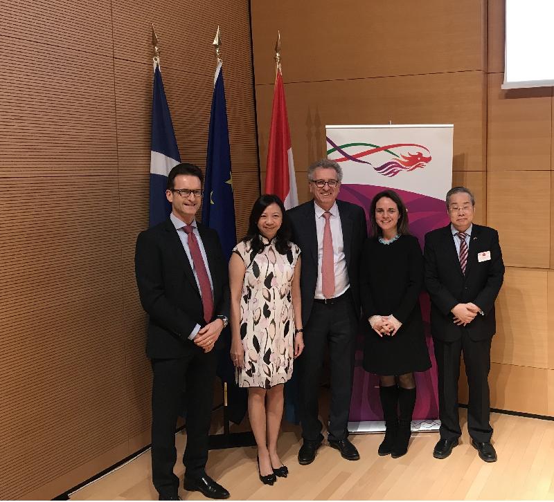 (From left) The Director-General of the Luxembourg Chamber of Commerce, Mr Carlo Thelen; the Special Representative for Hong Kong Economic and Trade Affairs to the European Union, Ms Shirley Lam; the Minister of Finance of Luxembourg, Mr Pierre Gramegna; Minister of Family Affairs and Integration and Minister of the Greater Region of Luxembourg, Ms Corinne Cahen; and the Chinese Ambassador to Luxembourg, Mr Huang Changqing, at the reception in Luxembourg to celebrate the Chinese New Year on February 13 (Luxembourg time).