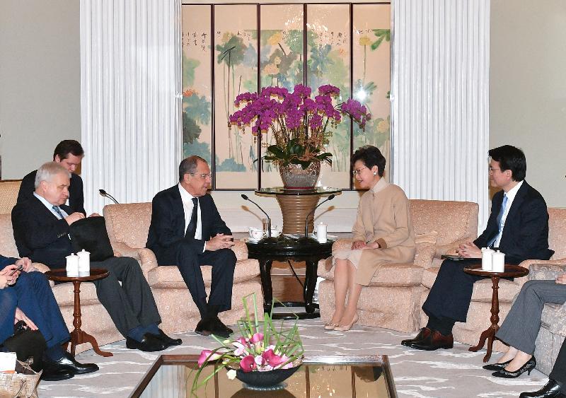 The Chief Executive, Mrs Carrie Lam (second right), meets with the visiting Minister of Foreign Affairs of Russia, Mr Sergey Lavrov (second left), at Government House this morning (February 26). Also present is the Secretary for Commerce and Economic Development, Mr Edward Yau (first right).