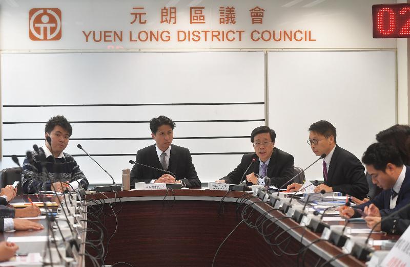 During his visit to Yuen Long this afternoon (February 27), the Secretary for Security, Mr John Lee (centre), accompanied by the District Officer (Yuen Long), Mr Enoch Yuen (second right), meets with the Chairman of the Yuen Long District Council, Mr Shum Ho-kit (second left), and other District Council members to exchange views on issues relating to the local law and order situation and people's livelihood.
