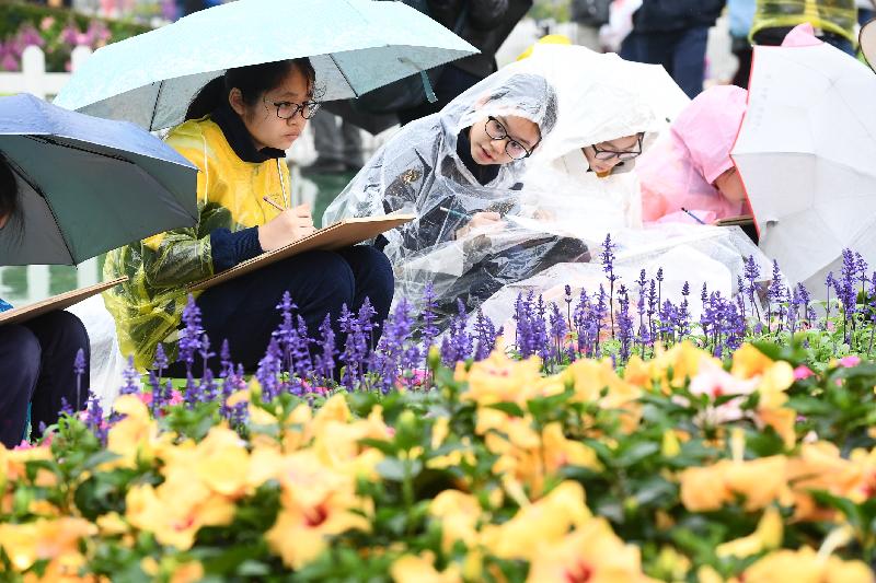 每年一度的赏花盛事香港花卉展览今日（三月十五日）在维多利亚公园开幕，展出约四十二万株花卉。今日举行的学童绘画比赛吸引约二千一百名学生参与。