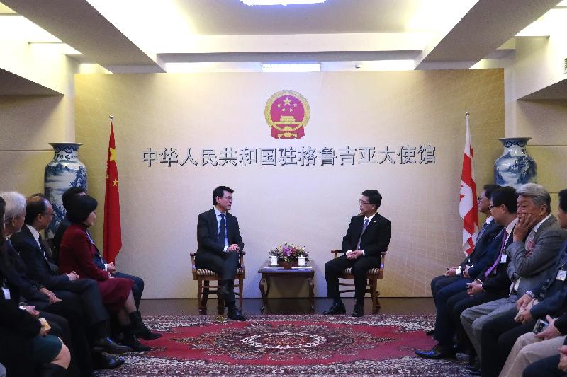 The Secretary for Commerce and Economic Development, Mr Edward Yau, is leading a Hong Kong business and professional delegation to visit Georgia. Photo shows Mr Yau (left) and the delegation calling on the Ambassador Extraordinary and Plenipotentiary of the People's Republic of China to Georgia, Mr Ji Yanchi (right), in Tbilisi yesterday (March 19, Tbilisi time).