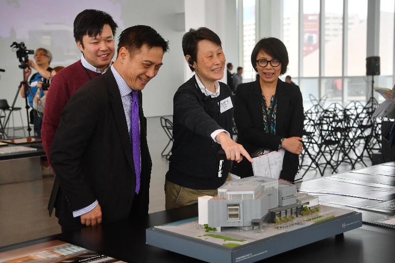 After major expansion and renovation, the Hong Kong Museum of Art (HKMoA) will be reopening in November this year. The Assistant Director of the Leisure and Cultural Services (Heritage and Museums), Mr Chan Shing-wai (second left); Senior Architect of the Architectural Services Department Miss Vivien Fung (second right); the Museum Director of the HKMoA, Miss Eve Tam (first right); and Architect of the Architectural Services Department Mr Tony Lau (first left) briefed the media on the architectural features of the renovated museum today (March 29).
