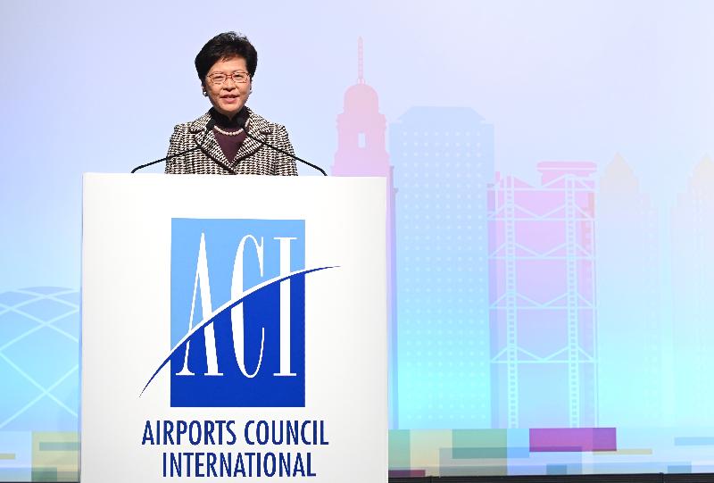 The Chief Executive, Mrs Carrie Lam, speaks at the 2019 Airports Council International Asia-Pacific/World Annual General Assembly Conference & Exhibition today (April 3).