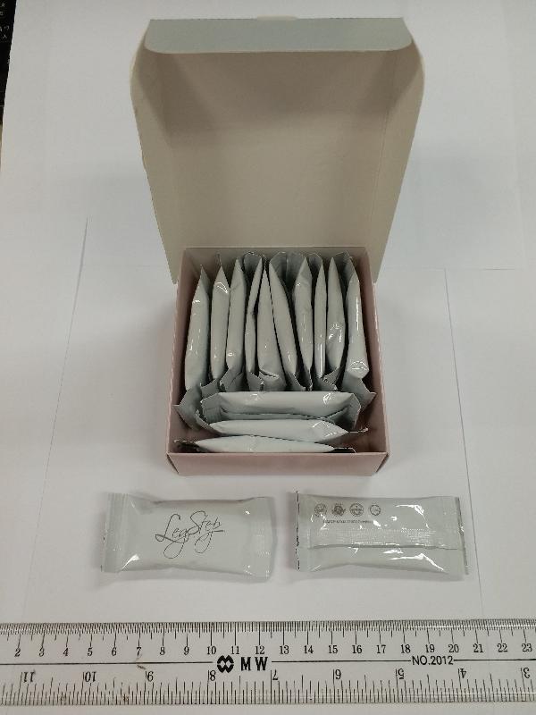 The Department of Health today (April 4) appealed to the public not to buy or consume two slimming products named Leg Step and Bello Smaze as they were found to contain an undeclared and controlled drug ingredient that might be dangerous to health. Picture shows a box of the product Leg Step containing 15 sachets.