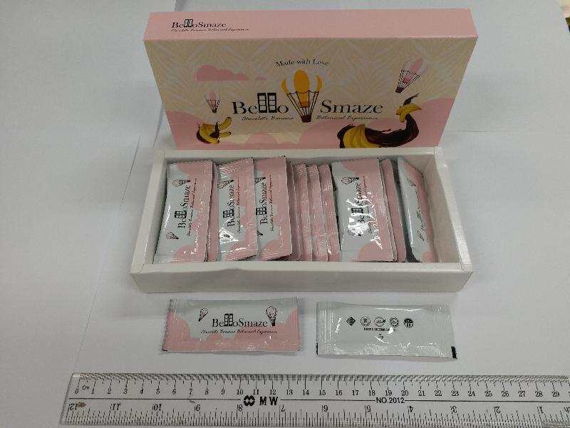 The Department of Health today (April 4) appealed to the public not to buy or consume two slimming products named Leg Step and Bello Smaze as they were found to contain an undeclared and controlled drug ingredient that might be dangerous to health. Picture shows a box of the product Bello Smaze containing 30 sachets.