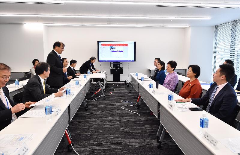 The Chief Executive, Mrs Carrie Lam, continued her visit to Japan in Tokyo this afternoon (April 8). Photo shows Mrs Lam (third right) being briefed by the President of the National Cancer Center Japan, Dr Hitoshi Nakagama (third left) during her visit to the National Cancer Center Japan. Also attending is the Principal Hong Kong Economic and Trade Representative, Tokyo, Ms Shirley Yung (second right).