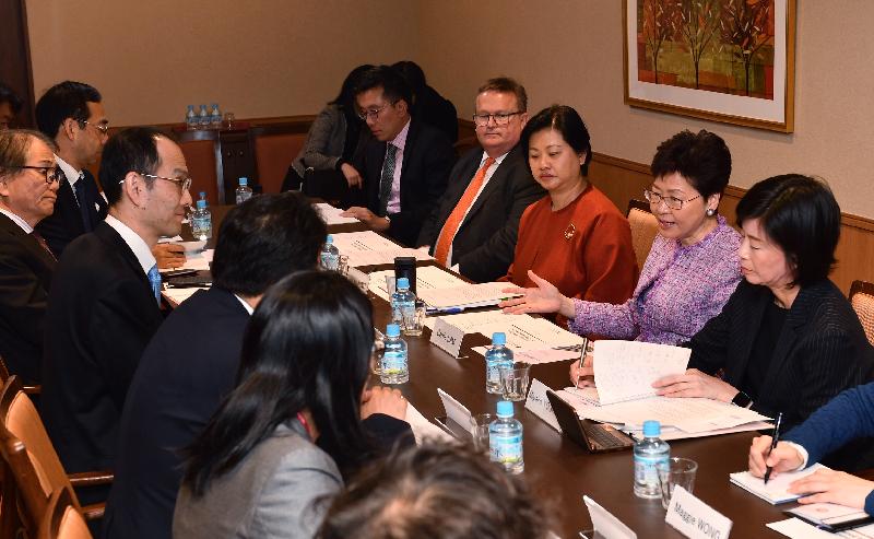 The Chief Executive, Mrs Carrie Lam, visited the La Vie Re Haneda nursing care home operated by SOMPO Care in Tokyo, Japan this afternoon (April 8). Photo shows Mrs Lam (second right) exchanging views with representatives of SOMPO Group. Also attending are the Director-General of Investment Promotion, Mr Stephen Phillips (fourth right), and the Principal Hong Kong Economic and Trade Representative, Tokyo, Ms Shirley Yung (third right).