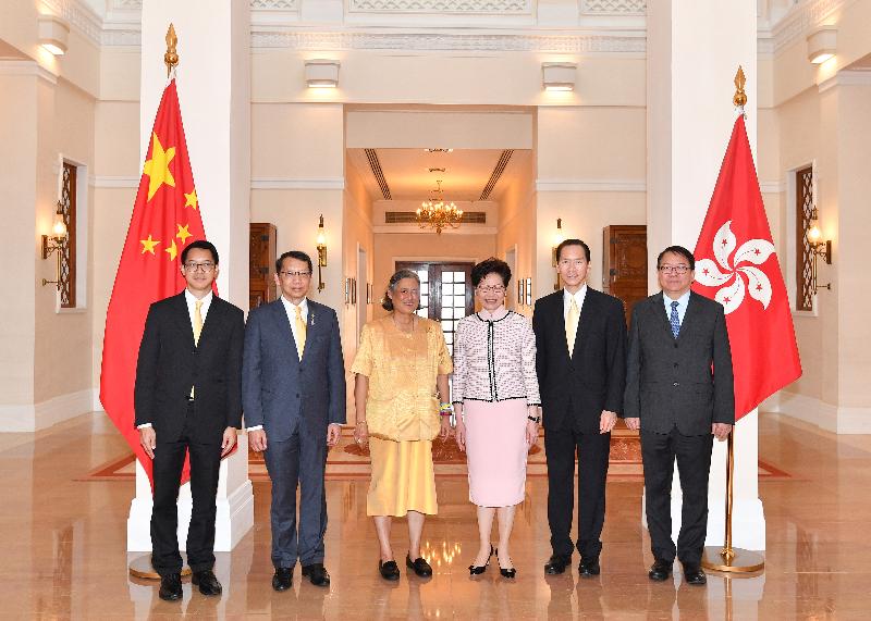 The Chief Executive, Mrs Carrie Lam (third right), accompanied by the Convenor of the Non-official Members of the Executive Council, Mr Bernard Chan (second right), and the Director of the Chief Executive's Office, Mr Chan Kwok-ki (first right), met with HRH Princess Maha Chakri Sirindhorn of Thailand (third left) and hosted a lunch for her at Government House today (April 10). The Thai Ambassador to China, Mr Piriya Khempon (second left), and the Consul-General of Thailand in Hong Kong, Mr Asi Mamanee (first left), also attended the meeting.