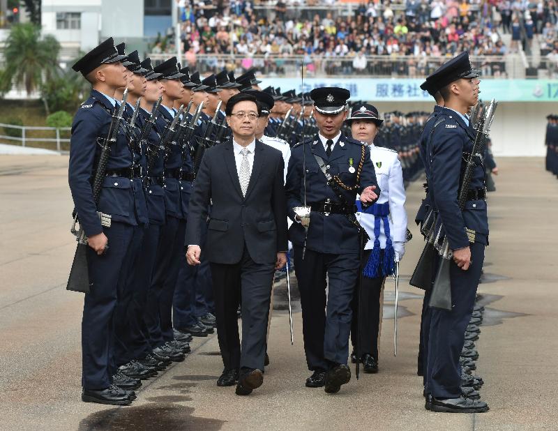 The Secretary for Security, Mr John Lee, attends the passing-out parade at the Hong Kong Police College today (April 13).