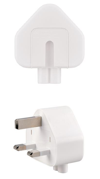 機電工程署今日（四月二十六日）提醒市民「Apple」三叉式AC插頭轉接器有潛在觸電風險。圖示受影響的「Apple」插頭轉接器。