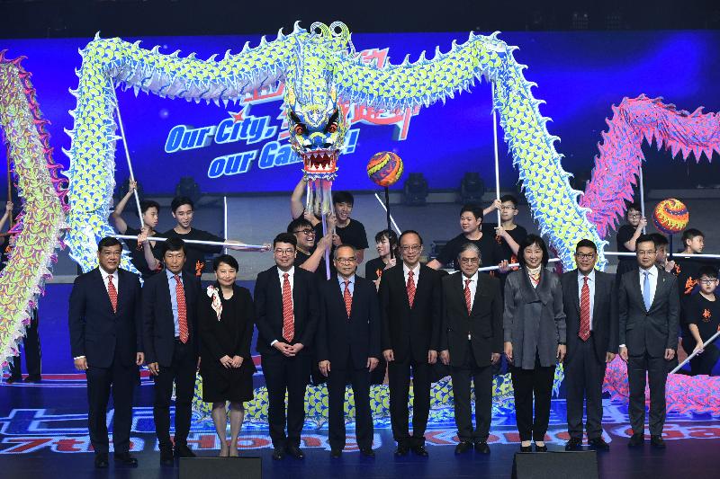 The Secretary for Home Affairs, Mr Lau Kong-wah (fifth left); Legislative Council members Mr Ma Fung-kwok (fifth right) and Mr Lau Kwok-fan (fourth left); the President of the Sports Federation and Olympic Committee of Hong Kong, China, Mr Timothy Fok (fourth right); the Permanent Secretary for Home Affairs, Mrs Cherry Tse (third left); the Director of Leisure and Cultural Services, Ms Michelle Li (third right); the Commissioner for Sports, Mr Yeung Tak-keung (second left); the Chairman of the 7th Hong Kong Games (HKG) Organising Committee, Mr David Yip (second right); the Executive Adviser of the 7th HKG Organising Committee, Mr William Tong (first left); and the Executive Director of Charities and Community of the Hong Kong Jockey Club, Mr Cheung Leong (first right), attend the 7th HKG Opening Ceremony today (April 28).