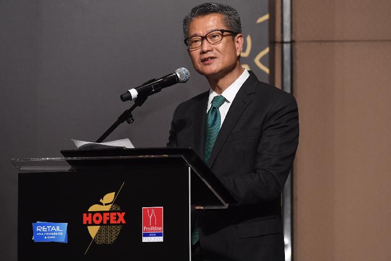 The Financial Secretary, Mr Paul Chan, addresses the opening ceremony of HOFEX 2019 - the 18th International Exhibition of Food & Drink, Hotel, Restaurant & Foodservice Equipment, Supplies & Services at the Hong Kong Convention and Exhibition Centre this morning (May 7).
