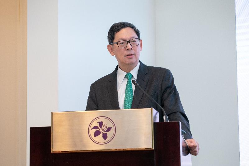 The Chief Executive of the Hong Kong Monetary Authority (HKMA), Mr Norman Chan, delivers opening remarks at the HKMA Green Finance Forum today (May 7).