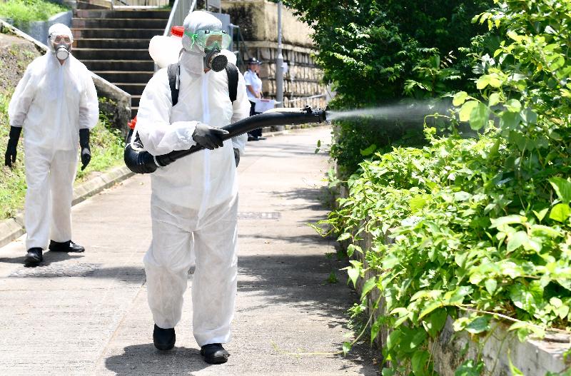 The Food and Environmental Hygiene Department staff today (June 8) conducted fogging operation on Cheung Chau in the scrubby areas within a 100-metre radius around residences to kill adult mosquitoes.