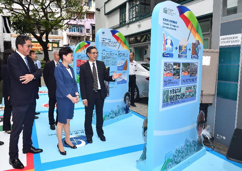 The Chief Executive, Mrs Carrie Lam, officiated at the Kick-off Ceremony of "Safer Living 2.0" this afternoon (June 10). Photo shows Mrs Lam (front row, centre), accompanied by the Secretary for Development, Mr Michael Wong (front row, first left), and the Director of Civil Engineering and Development, Mr Ricky Lau (front row, first right), touring the exhibition.