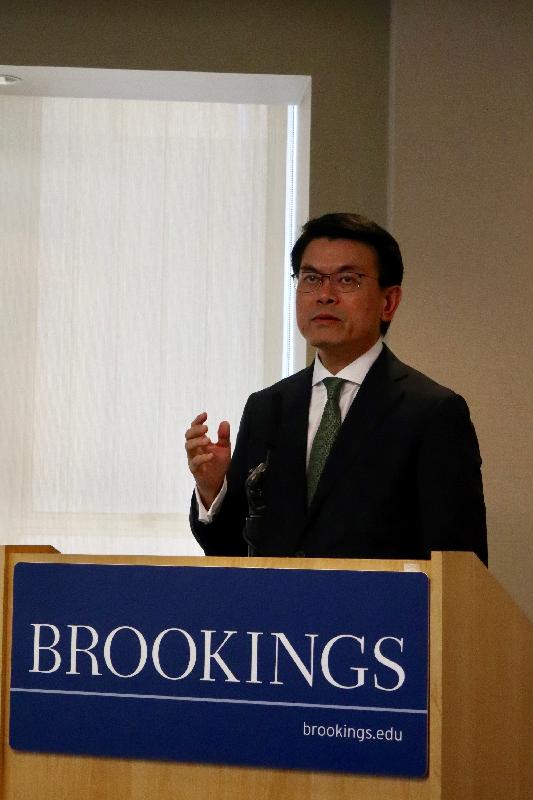 The Secretary for Commerce and Economic Development, Mr Edward Yau, speaks at a luncheon co-organised by the Hong Kong Economic and Trade Office, Washington, DC and the Brookings Institution in Washington, DC, the United States today (June 12, Eastern Standard Time).