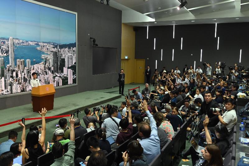The Chief Executive, Mrs Carrie Lam, meets the media at the Central Government Offices today (June 15).