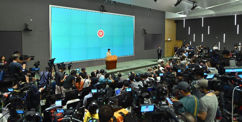 The Chief Executive, Mrs Carrie Lam, meets the media at the Central Government Offices today (June 18).