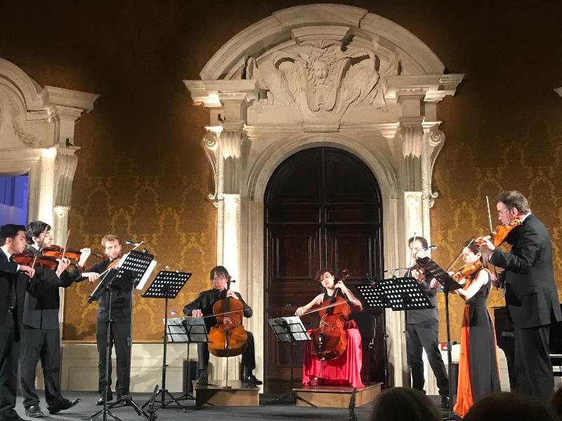 Young Hong Kong cello player Calvin Wong (fourth left) performs at the 16th Rome Chamber Music Festival on June 17 (Rome time). Mr Wong was one of the 25 young artists chosen this year to study and perform with Festival artists.