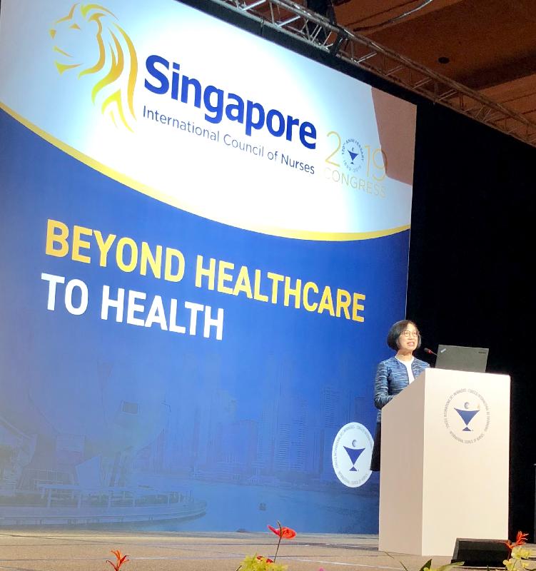 The Secretary for Food and Health, Professor Sophia Chan, today (June 28) attended the International Council of Nurses Congress in Singapore. Picture shows Professor Chan giving a presentation on Hong Kong's tobacco control strategies at a discussion session.