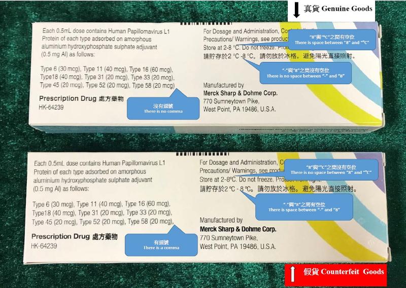 香港海关与卫生署七月十日进行联合行动，突击搜查一所位于观塘的医务中心，检获约七十六盒怀疑冒牌疫苗及四十七盒含有第1部毒药的疫苗，估计市值合共约二十八万元。图示怀疑冒牌疫苗（下）及正牌疫苗（上）包装盒的分别。
