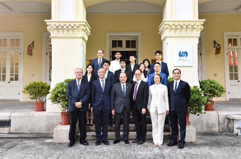The Chief Secretary for Administration, Mr Matthew Cheung Kin-chung, visited the Hong Kong Observatory (HKO) today (July 15). Photo shows (front row, from left) the Acting Assistant Director of the HKO (Development, Research and Administration), Mr Chan Pak-wai; the Director of the HKO, Mr Shun Chi-ming; Mr Cheung; the Assistant Director of the HKO (Forecasting and Warning Services), Dr Cheng Cho-ming; the Assistant Director of the HKO (Aviation Weather Services), Miss Lau Sum-yee; the Departmental Secretary of the HKO, Mr Jerry Siu; and the Acting Assistant Director of the HKO (Radiation Monitoring and Assessment), Mr Ma Wai-man (third row, first left). Also present are HKO staff and participants of the "Be a Government Official for a Day" programme.