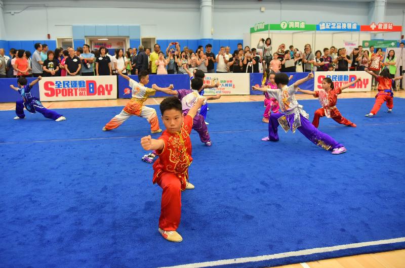The Leisure and Cultural Services Department held various free recreation and sports programmes at designated sports centres on Sport For All Day 2019 today (August 4). Photo shows guests and members of the public watching a demonstration of wushu, which is this year's focal sport.