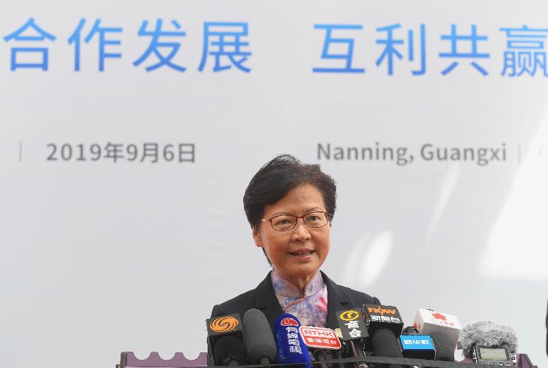 The Chief Executive, Mrs Carrie Lam, meets the media after the 2019 Pan-Pearl River Delta Regional Co-operation Chief Executive Joint Conference in Nanning today (September 6).
