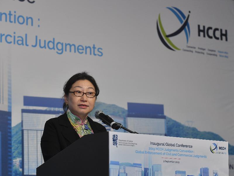 The "2019 HCCH Judgments Convention: Global Enforcement of Civil and Commercial Judgments", organised by the Hague Conference on Private International Law (HCCH) and the Department of Justice, with the support from the Asian Academy of International Law, was held in Hong Kong today (September 9). Photo shows the Secretary for Justice, Ms Teresa Cheng, SC, giving an opening speech at the Conference. 