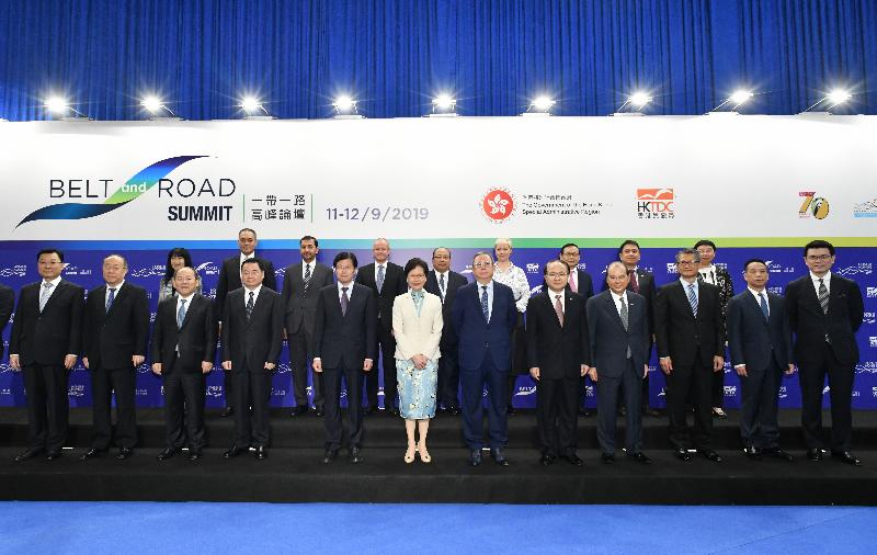 The Chief Executive, Mrs Carrie Lam, attended the Belt and Road Summit at the Hong Kong Convention and Exhibition Centre this morning (September 11). Photo shows (front row, from left) the Commissioner of the Ministry of Foreign Affairs of the People's Republic of China in the Hong Kong Special Administrative Region (HKSAR), Mr Xie Feng; Vice Minister of Commerce Mr Wang Bingnan; Vice Chairman of the National Development and Reform Commission Mr Ning Jizhe; the Secretary of the State-owned Assets Supervision and Administration Commission of the State Council (SASAC) Party Committee and Chairman of the SASAC, Mr Hao Peng; Vice-Chairman of the National Committee of the Chinese People's Political Consultative Conference Mr Gao Yunlong; Mrs Lam; the Chairman of the Hong Kong Trade Development Council, Dr Peter Lam; the Director of the Liaison Office of the Central People's Government in the HKSAR, Mr Wang Zhimin; the Chief Secretary for Administration, Mr Matthew Cheung Kin-chung; the Financial Secretary, Mr Paul Chan; Deputy Director of the Hong Kong and Macao Affairs Office of the State Council Mr Huang Liuquan; the Secretary for Commerce and Economic Development, Mr Edward Yau; the Executive Director of the Hong Kong Trade Development Council, Ms Margaret Fong (back row, first left); the Permanent Secretary for Commerce and Economic Development (Commerce, Industry and Tourism), Miss Eliza Lee (back row, first right); and other guests at the Summit.
