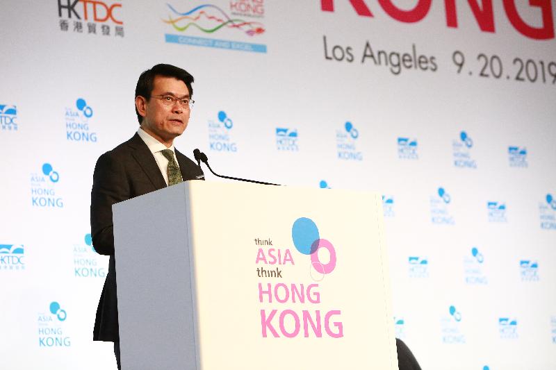 The Secretary for Commerce and Economic Development, Mr Edward Yau, speaks at the "Think Asia, Think Hong Kong" Symposium organised by the Hong Kong Trade Development Council in Los Angeles, the United States today (September 20, US West Coast time).

