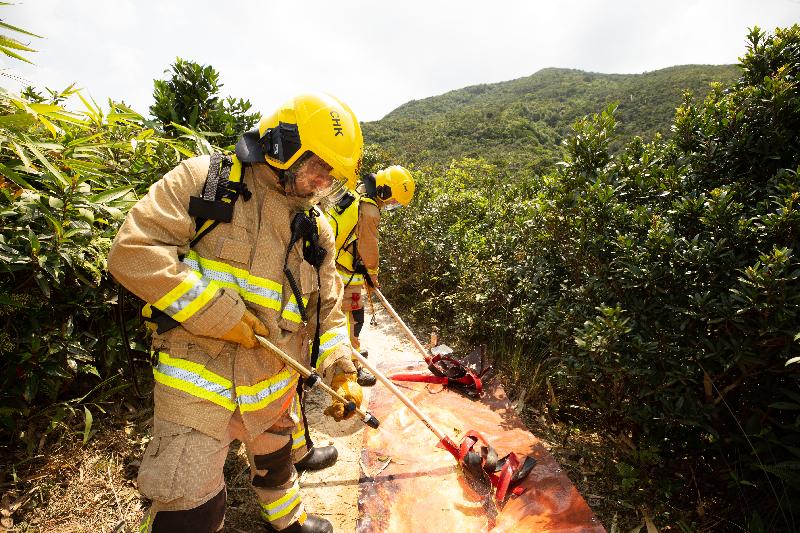 消防處人員在今日（九月二十五日）舉行的跨部門山火暨攀山拯救行動演習，帶同山草拍上山模擬撲滅山火。
