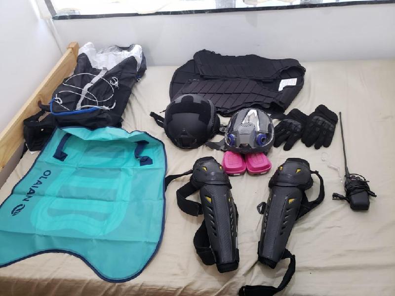 Police seized a large amount of protective gear.