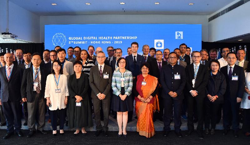 The Fifth Global Digital Health Partnership Summit opened today (October 15), having attracted more than 50 delegates from 18 economies and multinational organisations to discuss policy and implementation issues relating to digital health services. The Secretary for Food and Health, Professor Sophia Chan (front row, centre), and the Secretary of Health, Ministry of Health and Family Welfare of India, Ms Preeti Sudan (front row, fifth right), are pictured with the participants at the Inaugural Session.