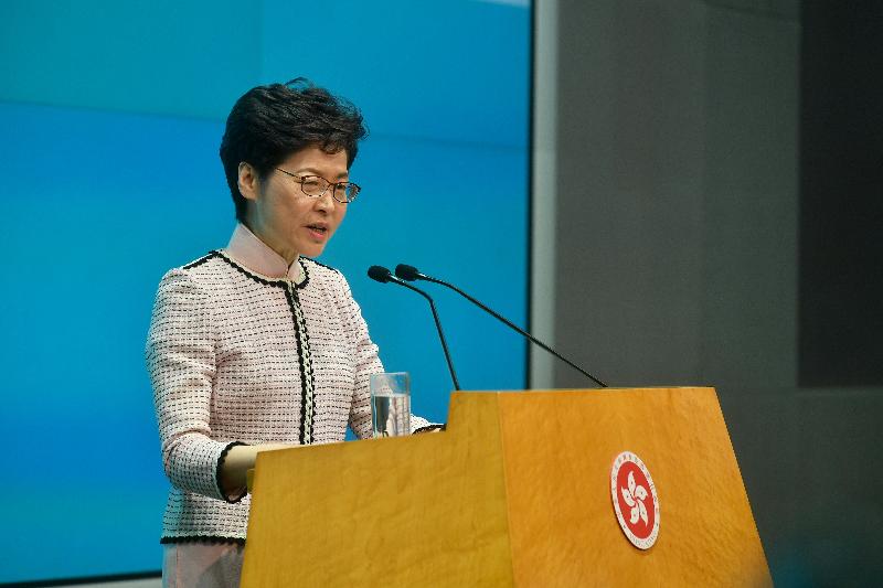 The Chief Executive, Mrs Carrie Lam, hosted a press conference on "The Chief Executive's 2019 Policy Address" this afternoon (October 16) at Central Government Offices, Tamar. Photo shows Mrs Lam responding to questions at the press conference.