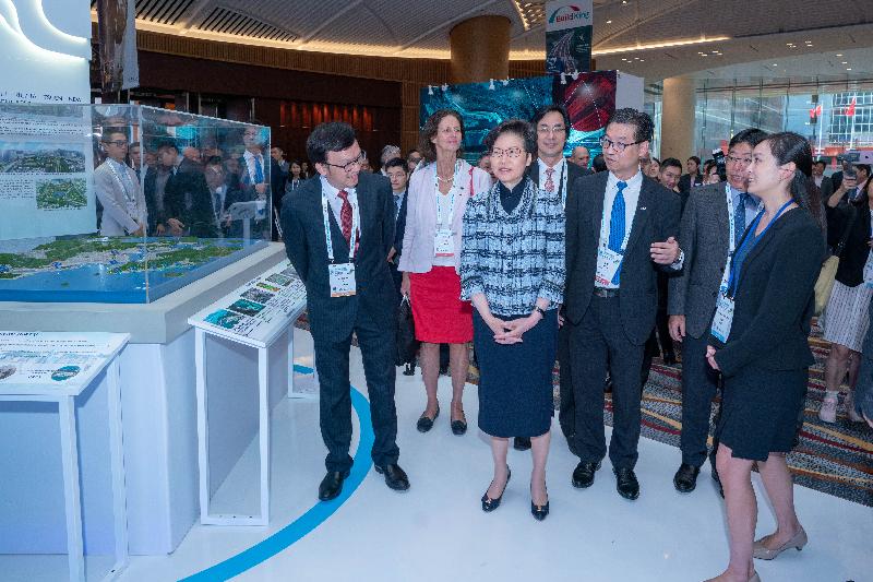 The 8th International Water Association Asia Pacific Regional Group Conference and Exhibition opened at the Hong Kong Convention and Exhibition Centre today (October 31). Picture shows the Chief Executive, Mrs Carrie Lam (front row, second left), visiting the exhibition area showcasing the latest products and technologies of water supply, flood prevention and sewage treatment from around the world.