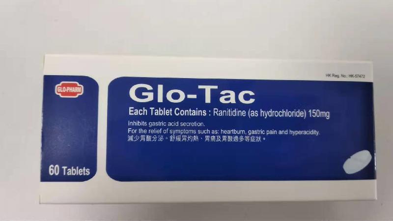 The Department of Health today (November 1) endorsed a licensed drug wholesaler Welldone Pharmaceuticals Limited to recall six ranitidine-containing products from the market as a precautionary measure due to the potential presence of an impurity in the products. Photo shows Glo-Tac Tab 150mg.