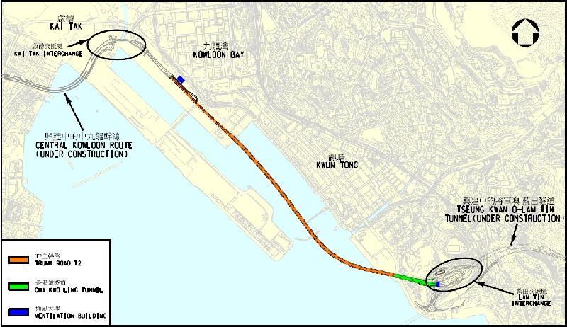 土木工程拓展署今日（十一月六日）与Bouygues Travaux Publics签署T2主干路及茶果岭隧道工程合约。图示T2主干路及茶果岭隧道工程的位置图。