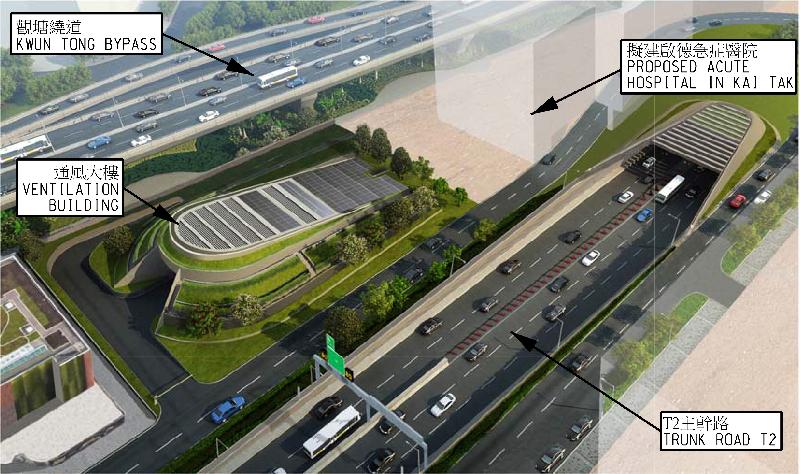 土木工程拓展署今日（十一月六日）與Bouygues Travaux Publics簽署T2主幹路及茶果嶺隧道工程合約。圖示T2主幹路及茶果嶺隧道工程西面隧道出入口（啟德）的構思圖。