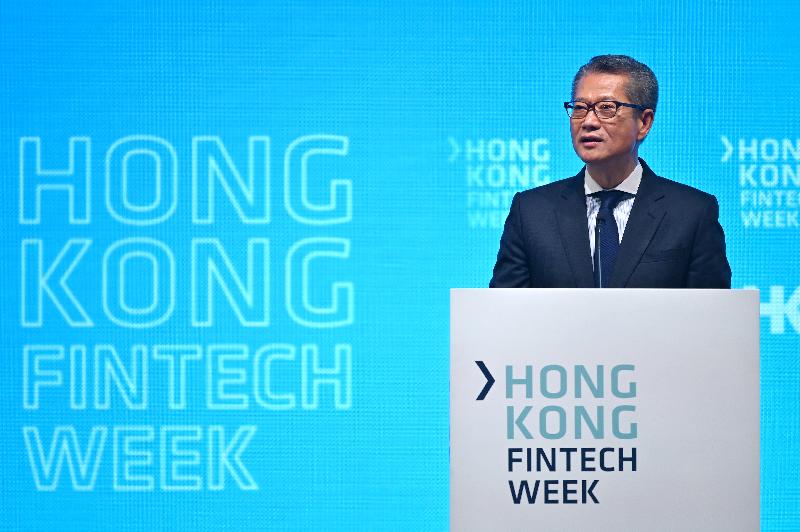 The Financial Secretary, Mr Paul Chan, speaks at the opening of Hong Kong Fintech Week 2019 this morning (November 6).