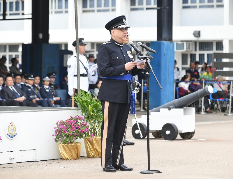 The Commissioner of Police, Mr Lo Wai-chung, speaks at the passing-out parade at the Hong Kong Police College today (November 16).