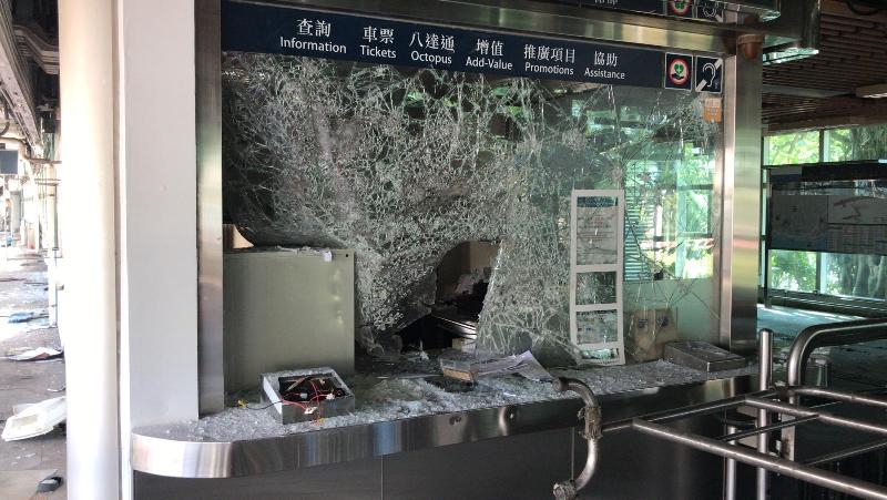 Members of the public and various Government departments worked together today (November 16) to clear a number of blocked roads and relevant Government departments spared no effort in repairing damaged facilities and arranged alternative services for members of the public to restore operation in society as soon as possible. Picture shows extensive damage by rioters to University MTR station.